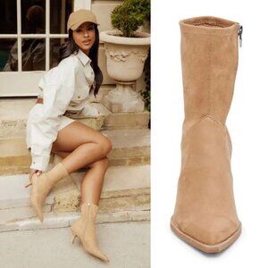 Dolce Vita Azalea Pointed Toe Bootie Sock Boots 9 Camel Tan Stretch Faux Suede